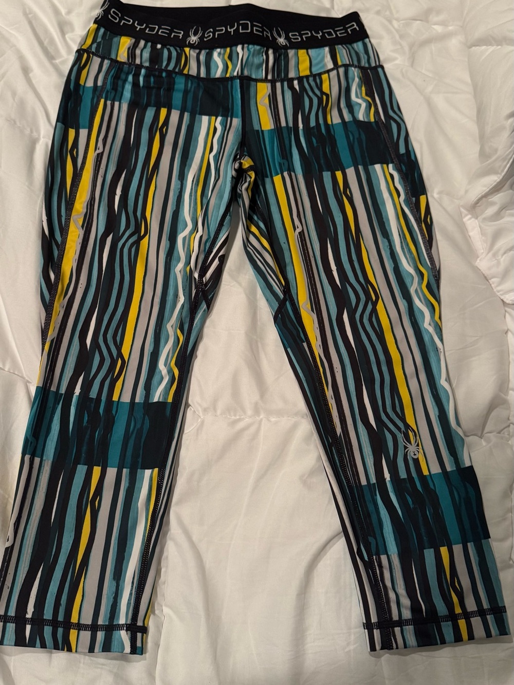 Spyder Women's Striped Athletic Capris in Teal, Yellow, Black, White
